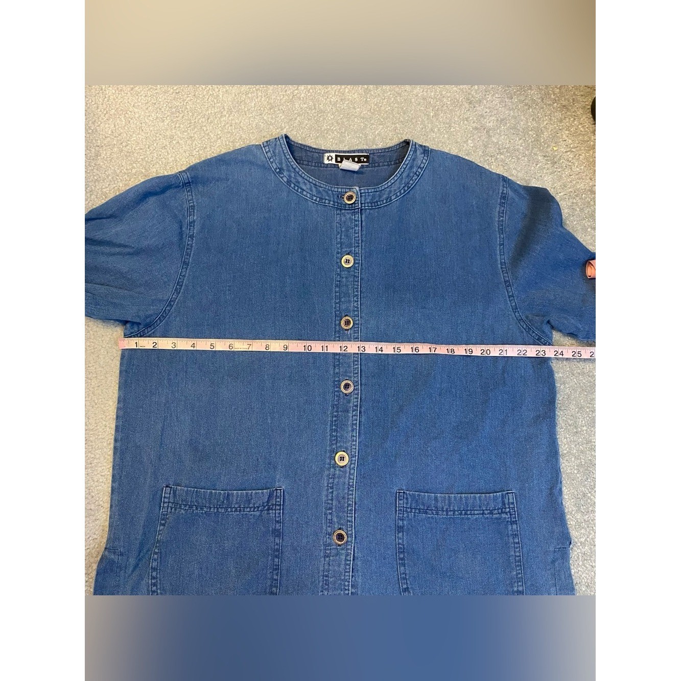 B Blast Vintage Denim Button Up Blouse Patch Pockets Chore Coat Cotton XL