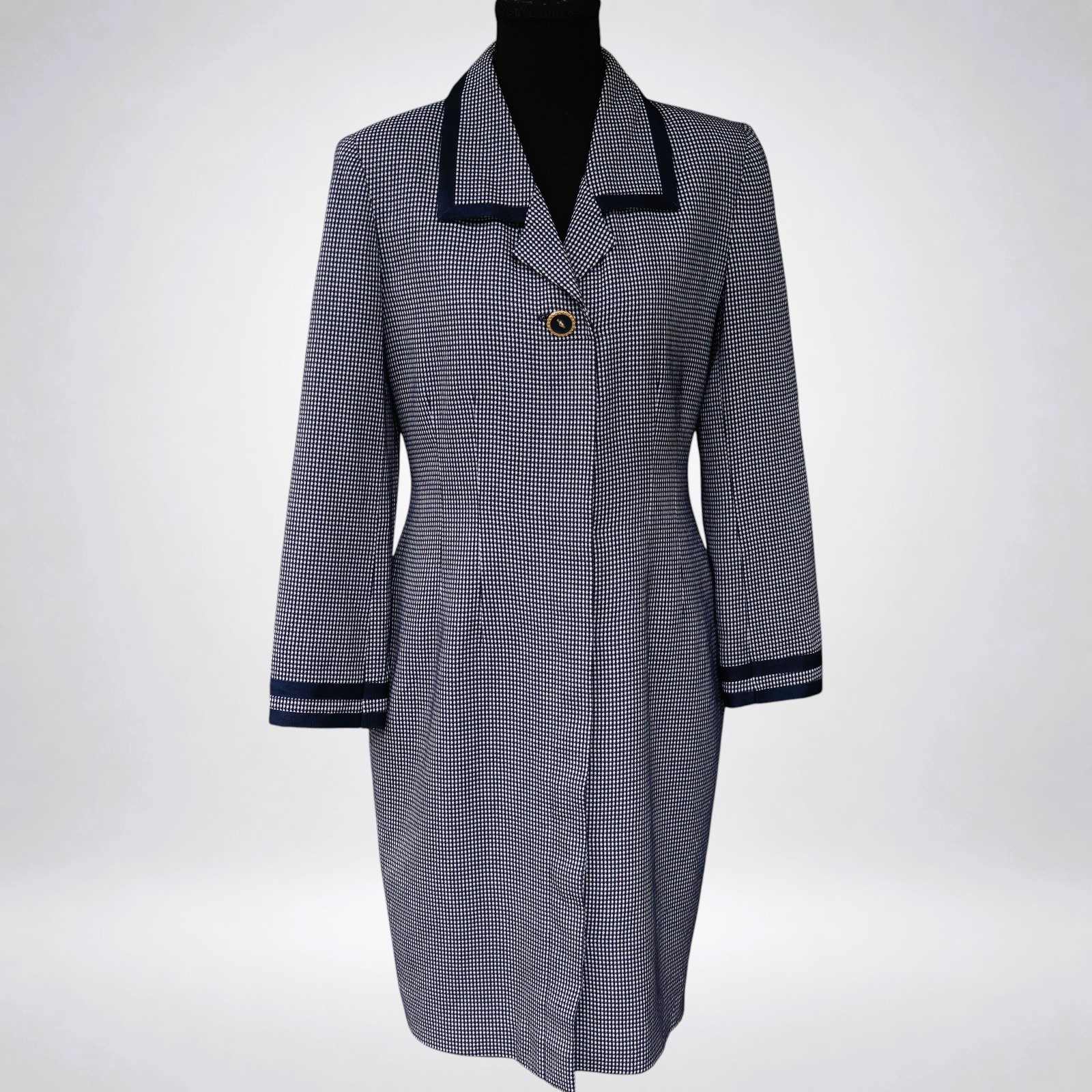 Vintage Liz Claiborne Petite Dress Navy White Micro Check Contrast Trim Size 6P