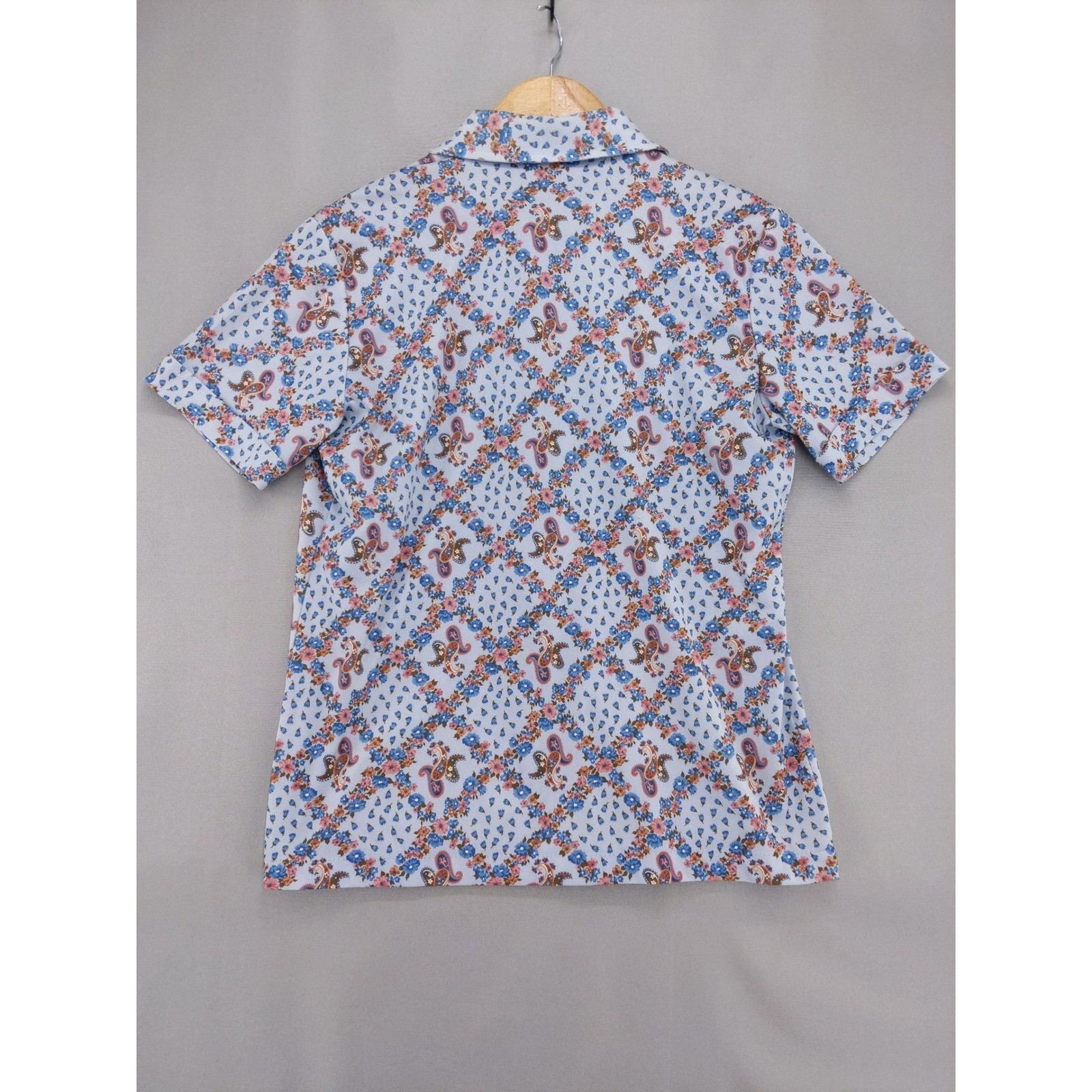 Vintage 70s Sears The Shirt Button Up Women 16 Blue Floral Paisley Short Sleeve