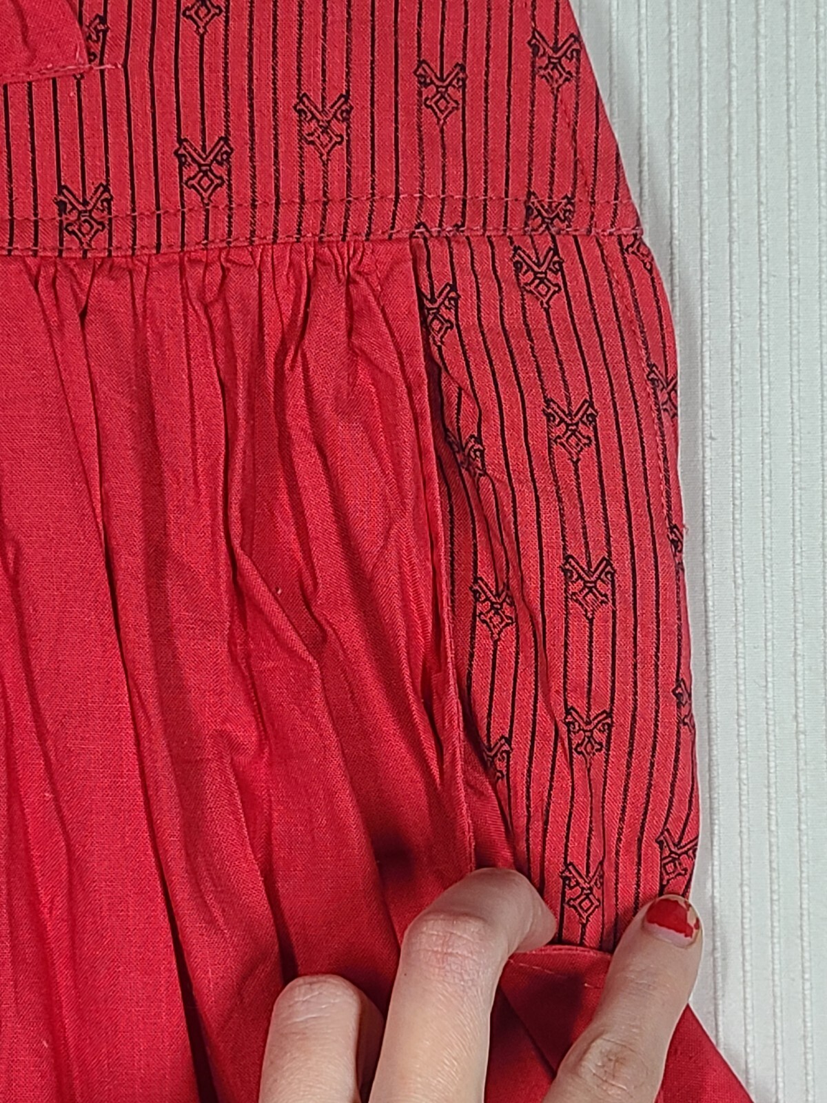 Vtg 80s Red Bow Skirt 100% Cotton Happy Legs Yoke Full Skirt Retro India