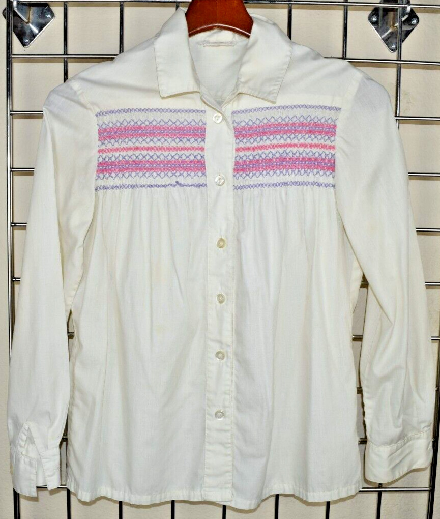 Vintage Top Size S 70s White Pink Purple Blue Embroidered Collared Shirt
