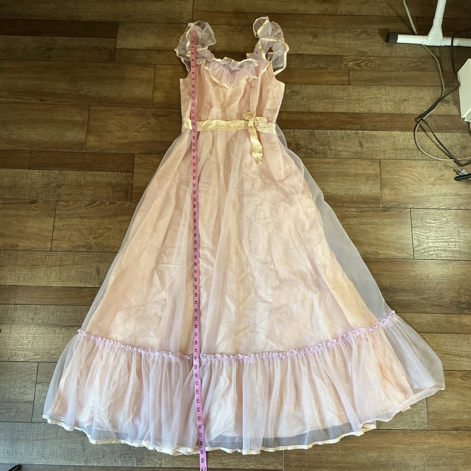 VTG Prom Party Dress Size 13/14 Pink Lavender Organza Ruffle Union USA Made #29F