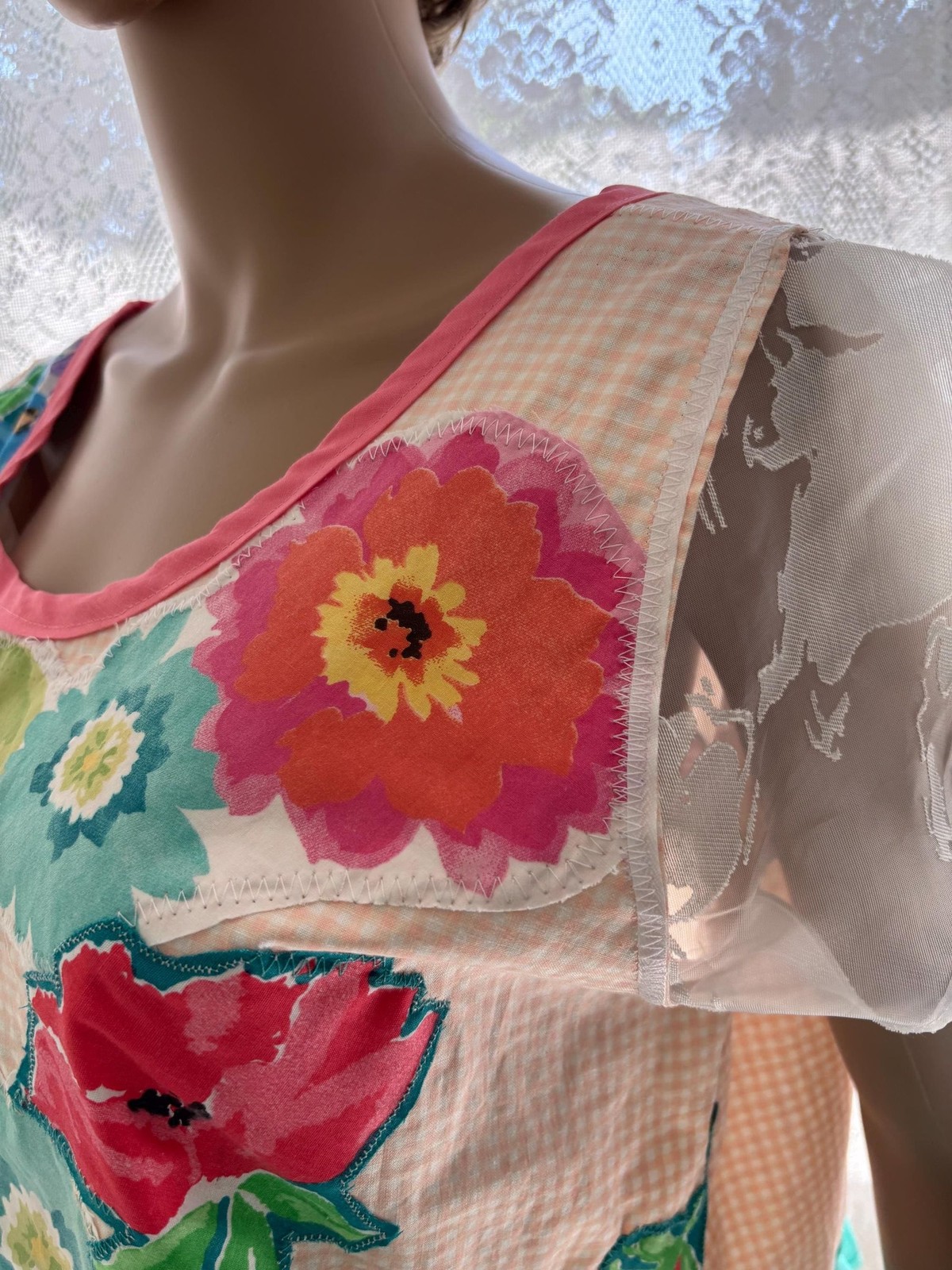 Upcycled Pinafore Dress: Floral Appliques, Lace Trim, OOAK Handmade Tunic