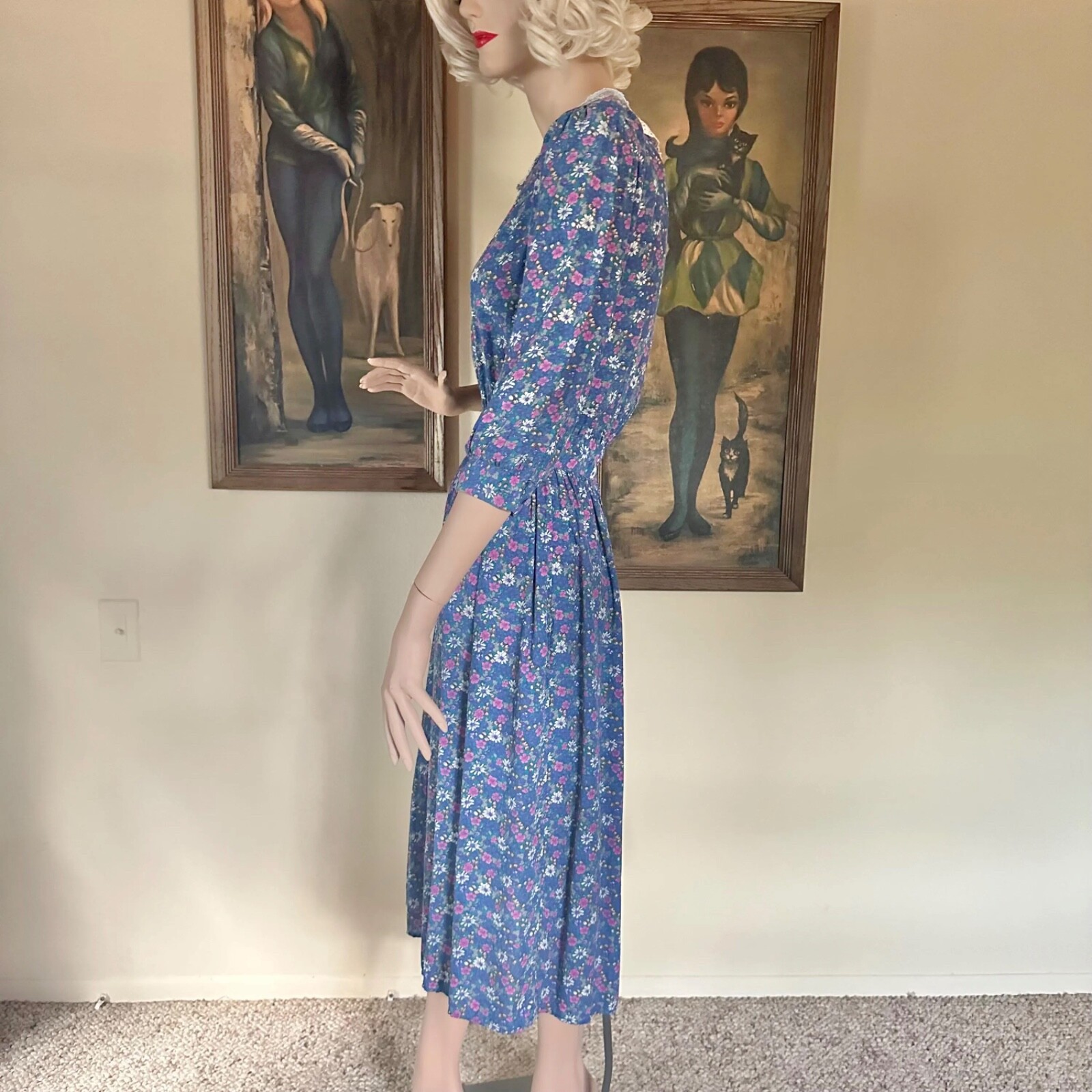 Vintage 80s Romantic Floral Prairie Day Dress Puff Sleeve Secretary S