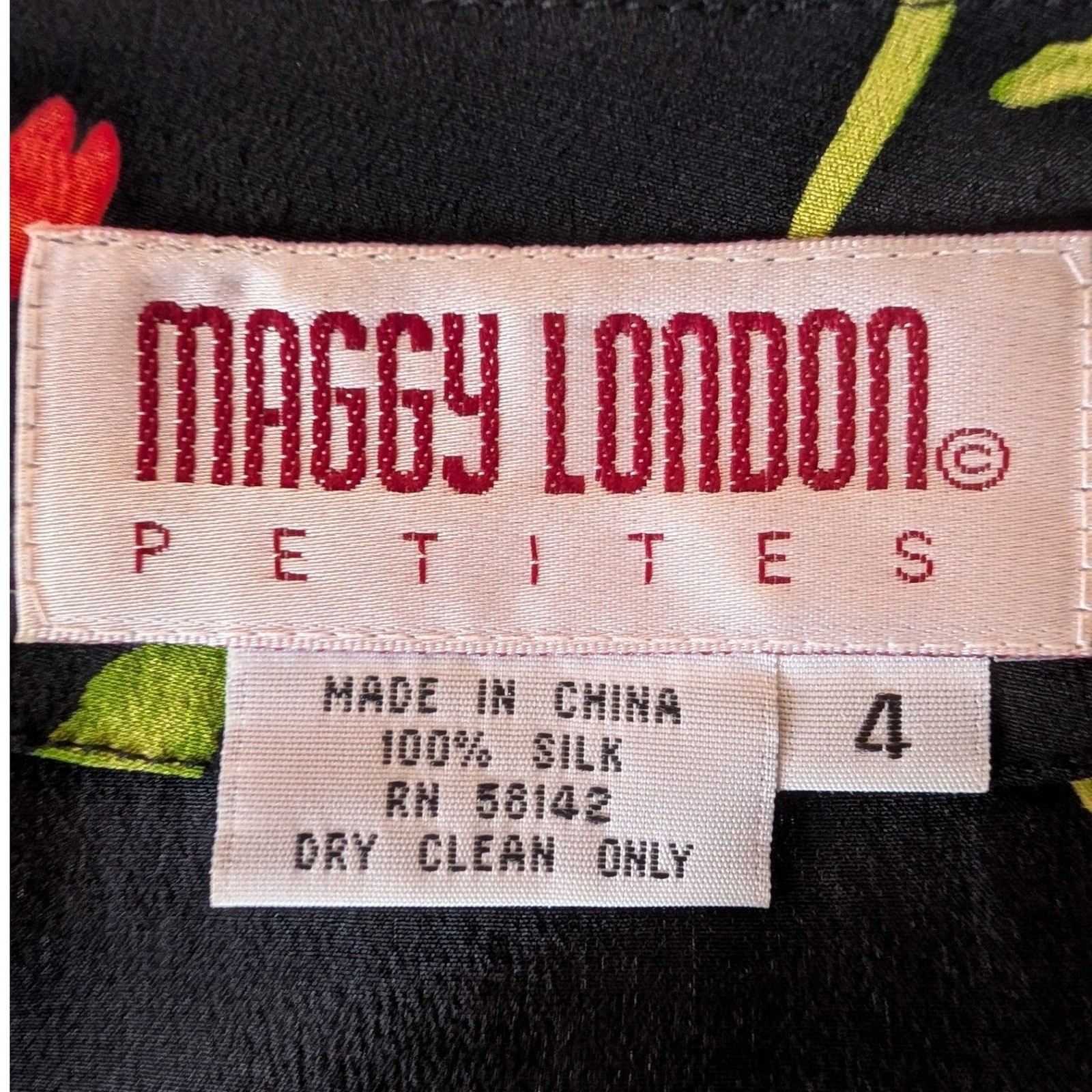 VTG Maggy London Silk Wrap Dress 4 Black Floral Botanical Parisian Chic Retro