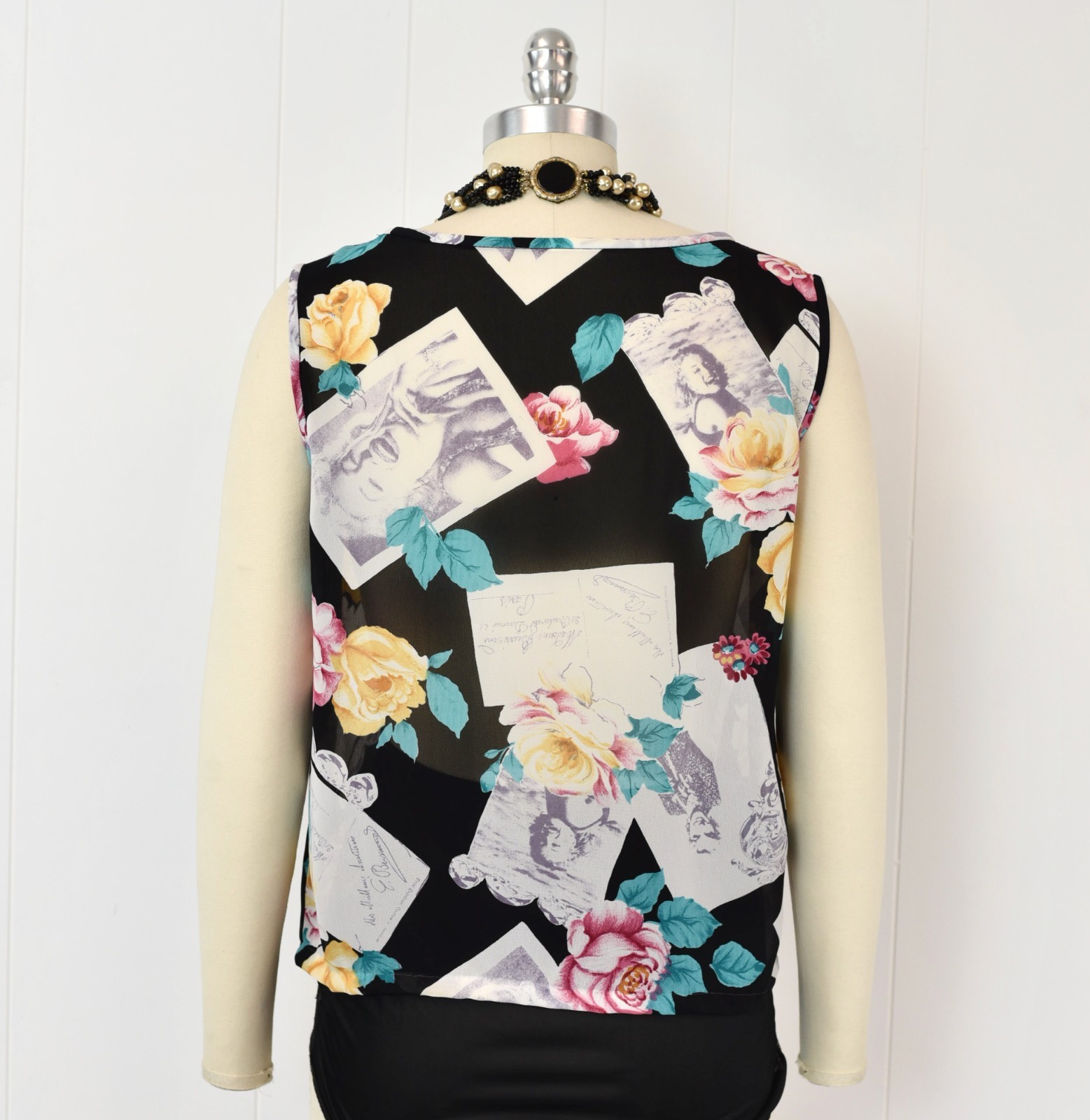 Vintage Marilyn Monroe Novelty Print Floral Black Sheer Lingerie Top Robe Set