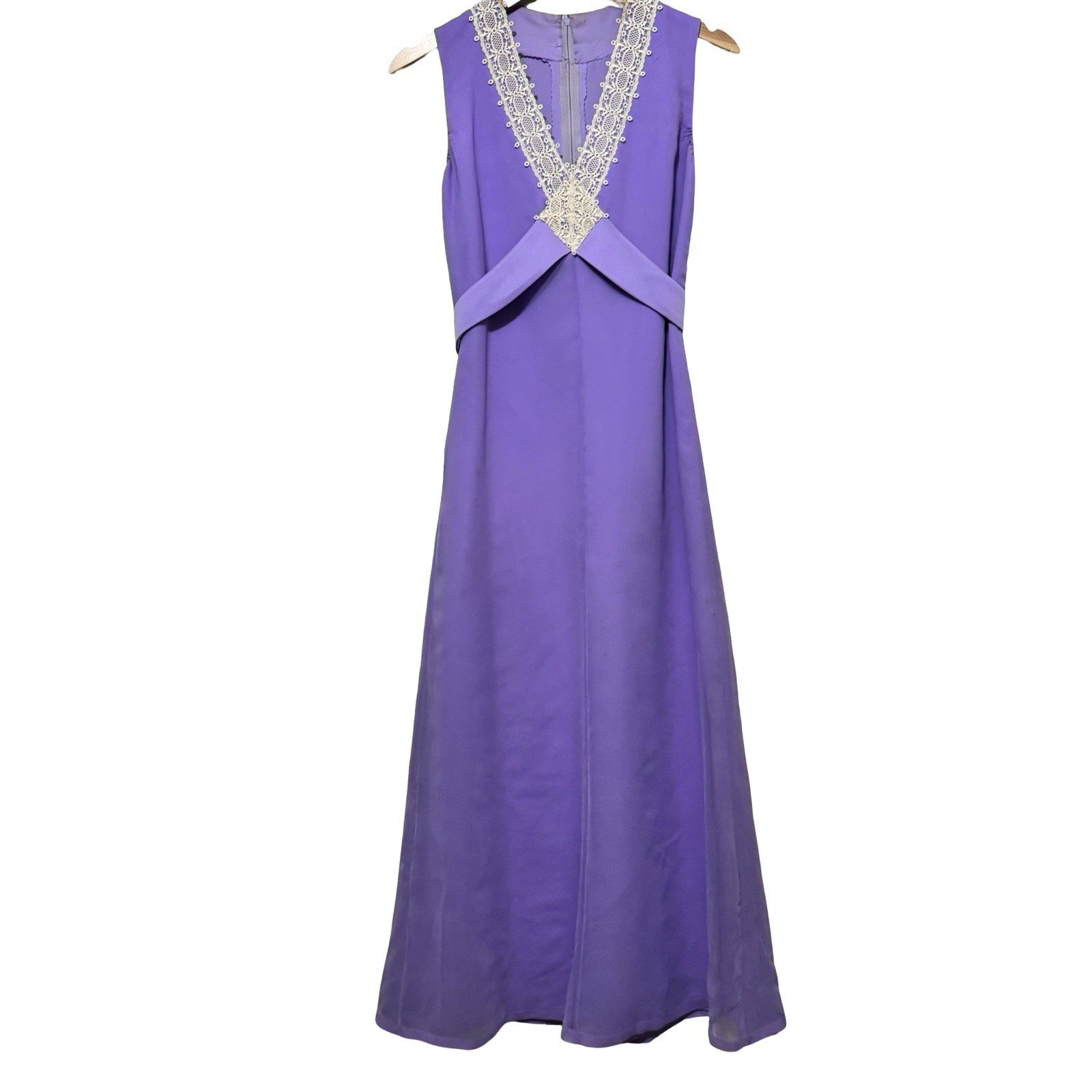 Vintage 60s Maxi Dress Purple chiffon size XS handmade crochet lace detail
