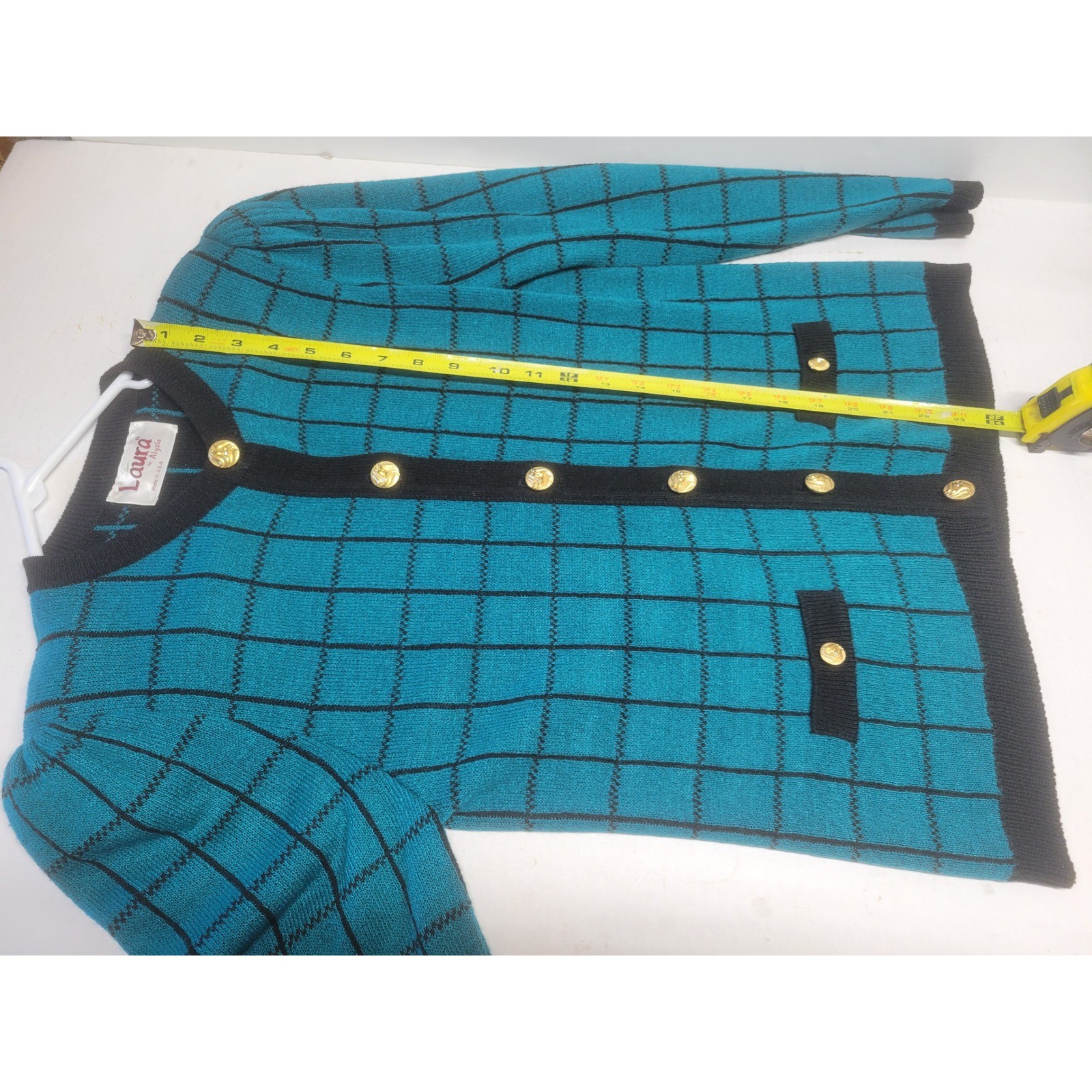 Vintage Laura by Alyzia Teal Black Grid Cardigan Sweater Gold Buttons USA Made