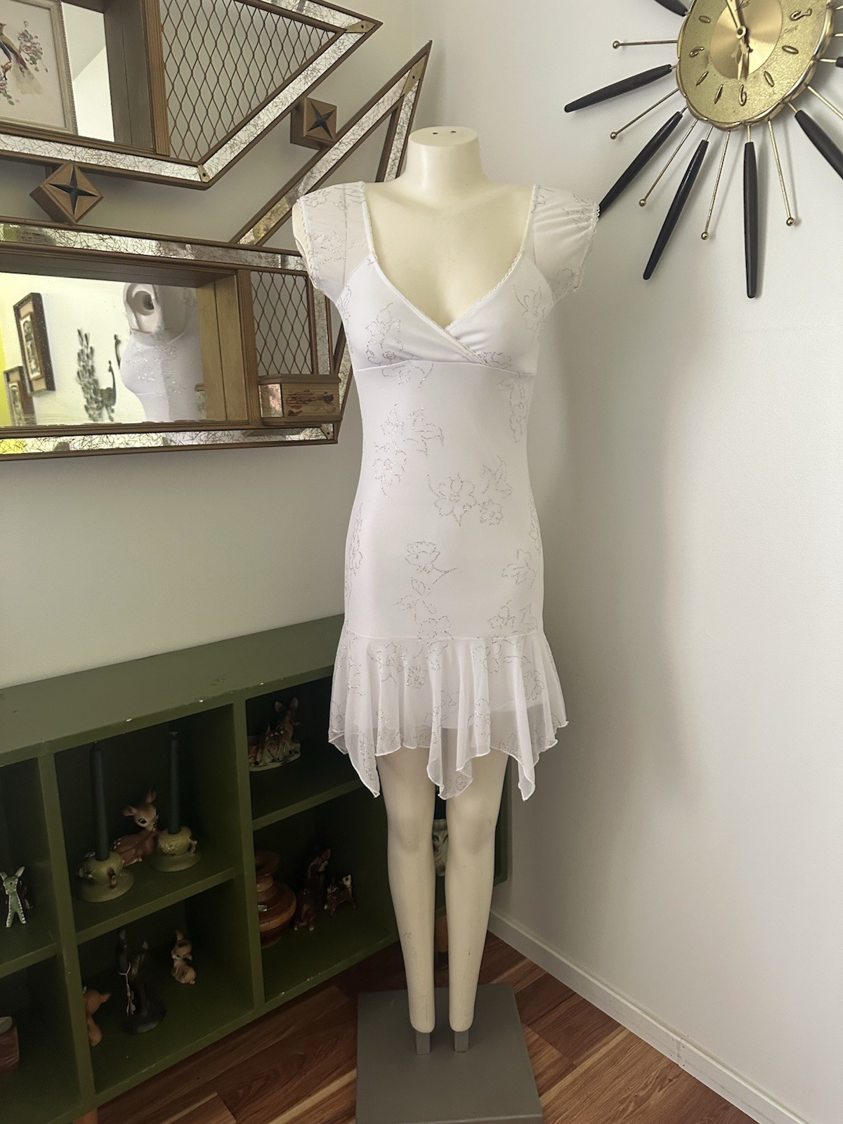 Vintage Y2K White Silver Mini Dress Fairy Hem By Taboo Sz S