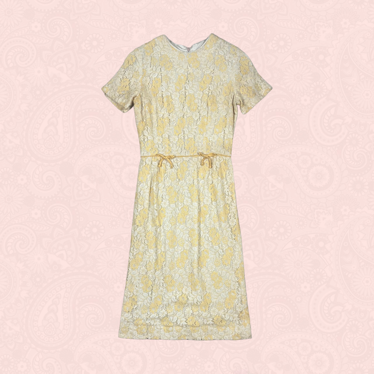 Vintage 60s 70s Yellow Cream Floral Lace Fitted Wiggle Short Sleeve Dress XS