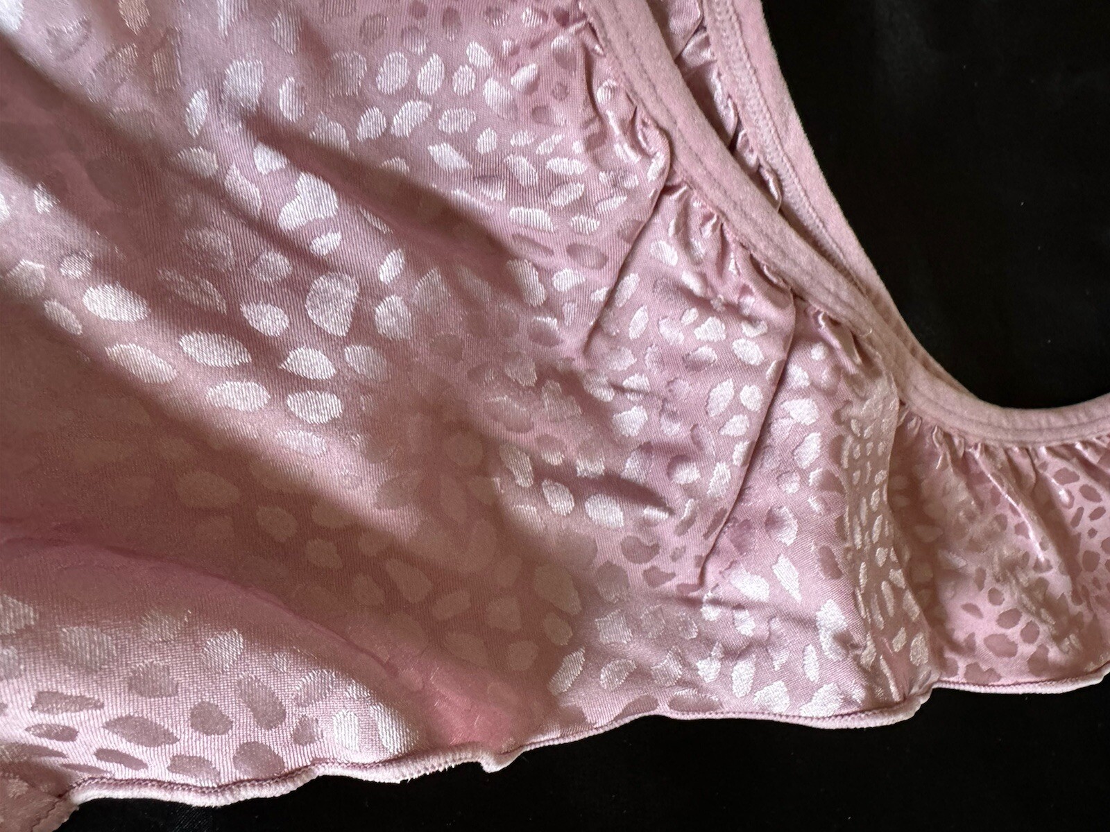 Sexy Vtg Style 1980s Satin Flutter Ruffle Rose Pink Print Thong Panties Sz XL