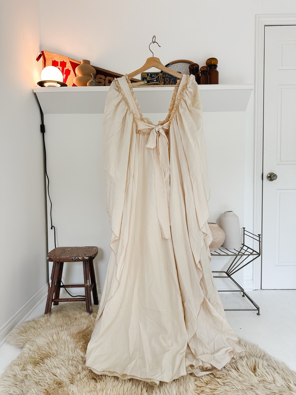 Vintage 1970s Bonwit Teller Angle Sleeve Ivory Silk Romantic Hostess Gown