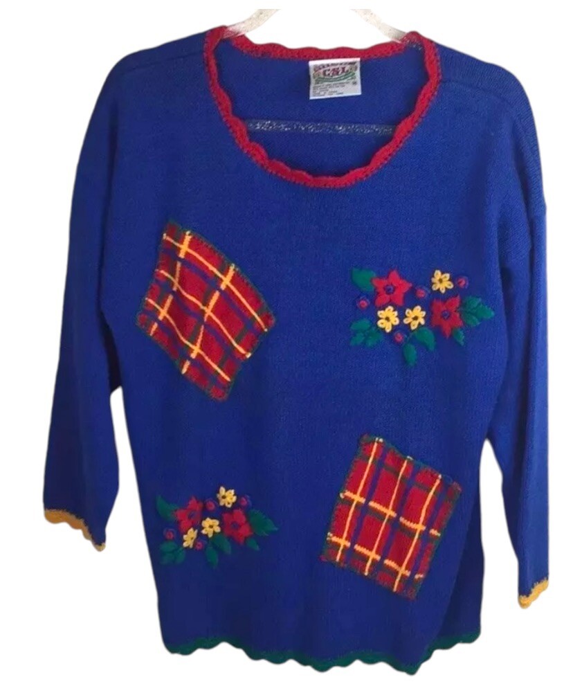 Vintage CSL Cherry Stix LTD Women Medium Sweater Floral Blue Red Yellow Scallop