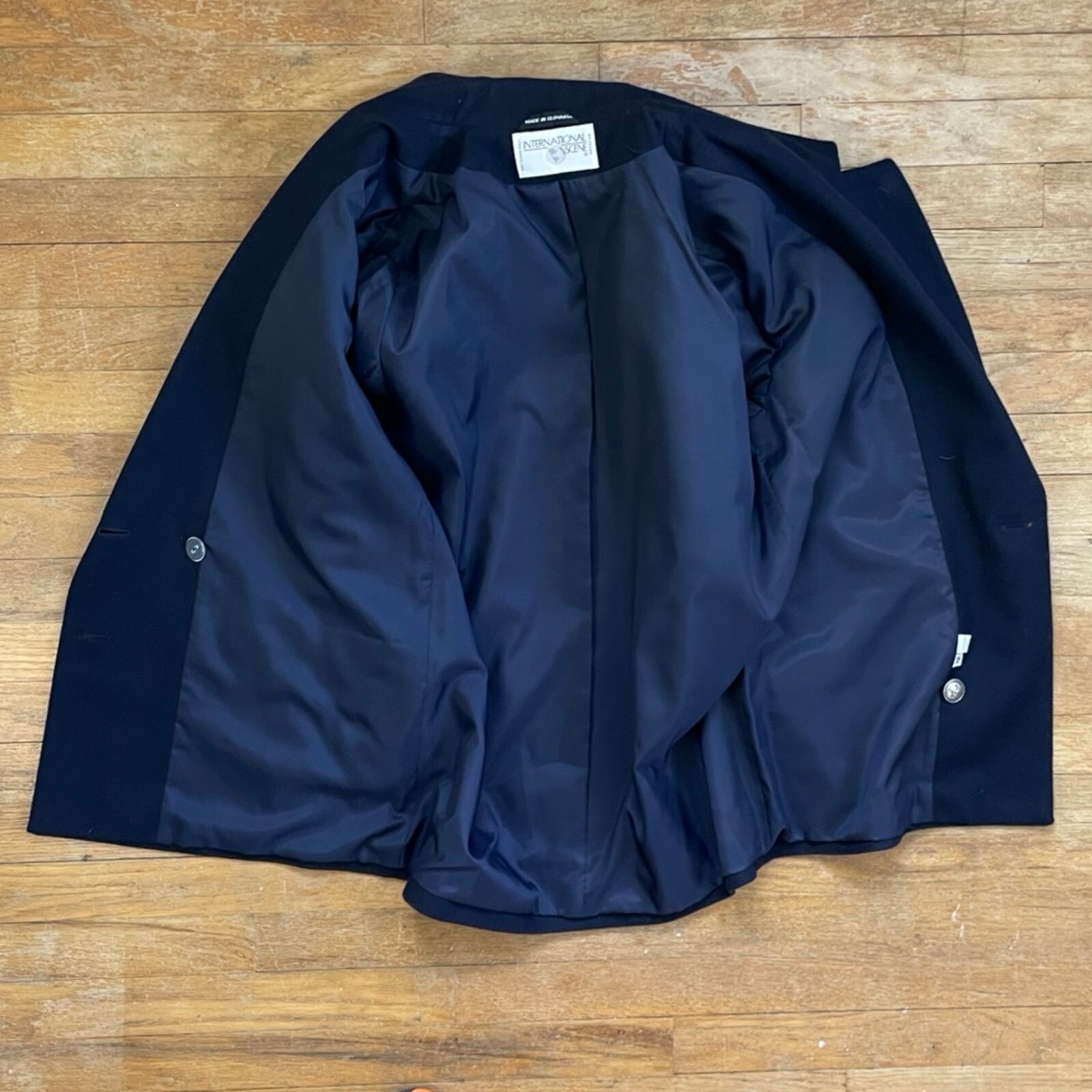 Vintage Navy Blue Felted Wool Blazer Womens Size Large 90s Double Breasted Coat