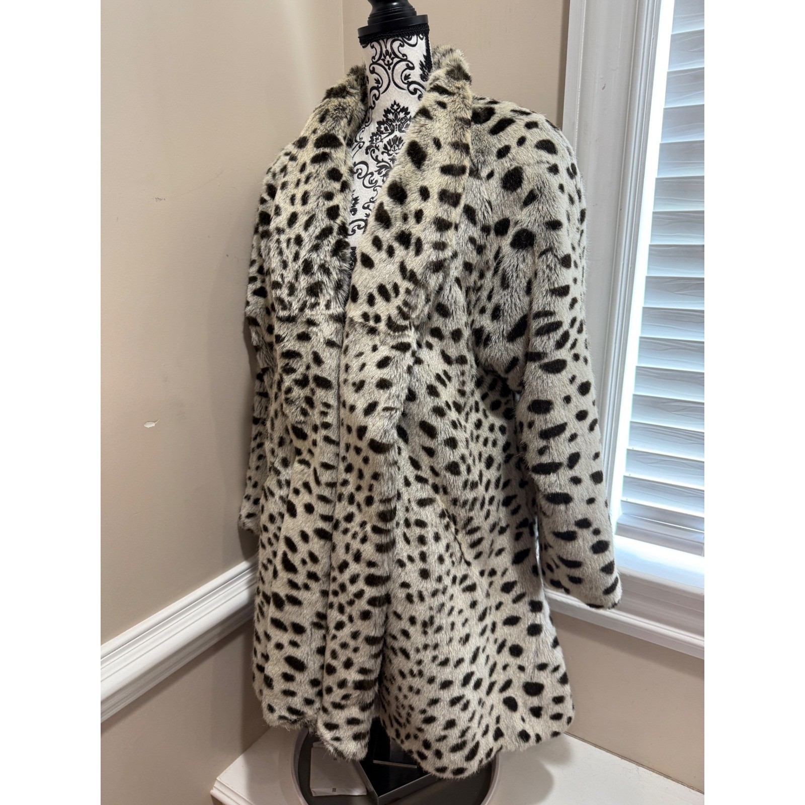 Le Nouveau Vintage Faux Fur Coat Leopard Print Shawl Collar Jacket Made in USA S