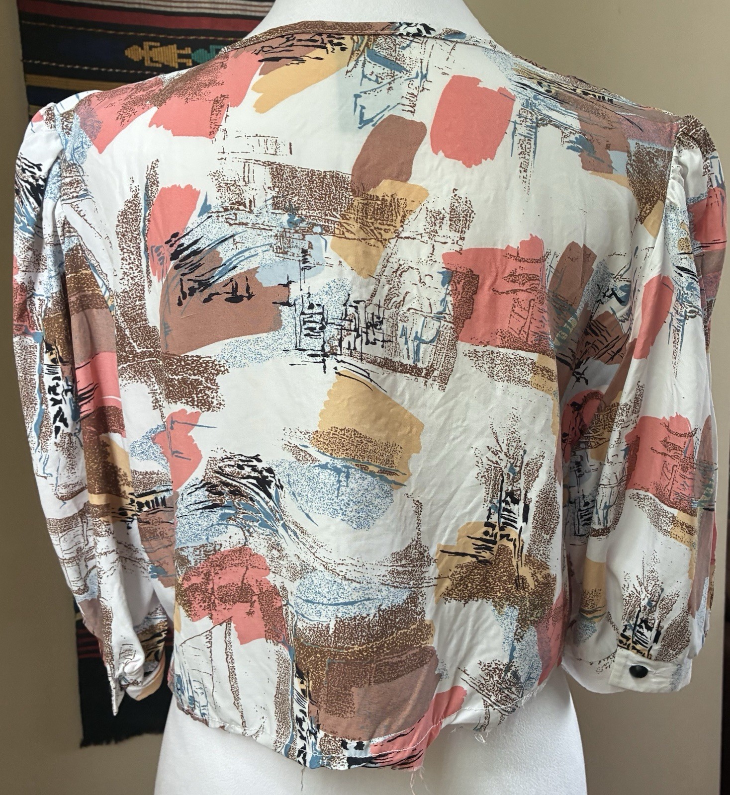 Vintage 80s Abstract Crop Top Puff Sleeve Made in West Germany size Large