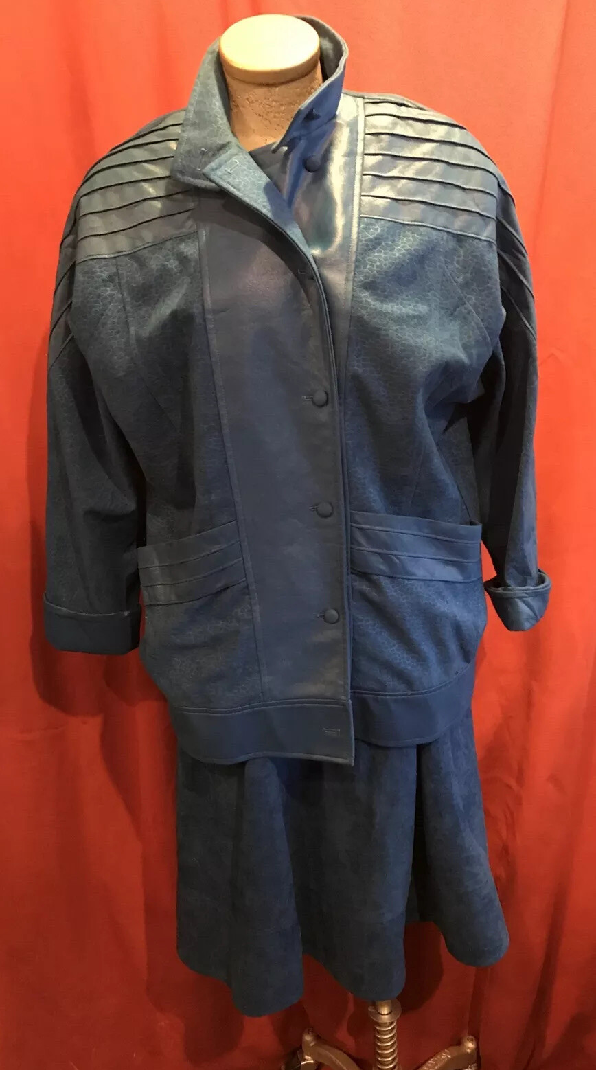 VTG 80s JO HARDIN Skirt Blazer Jacket Blue Faux Suede / Faux Leather Size Large