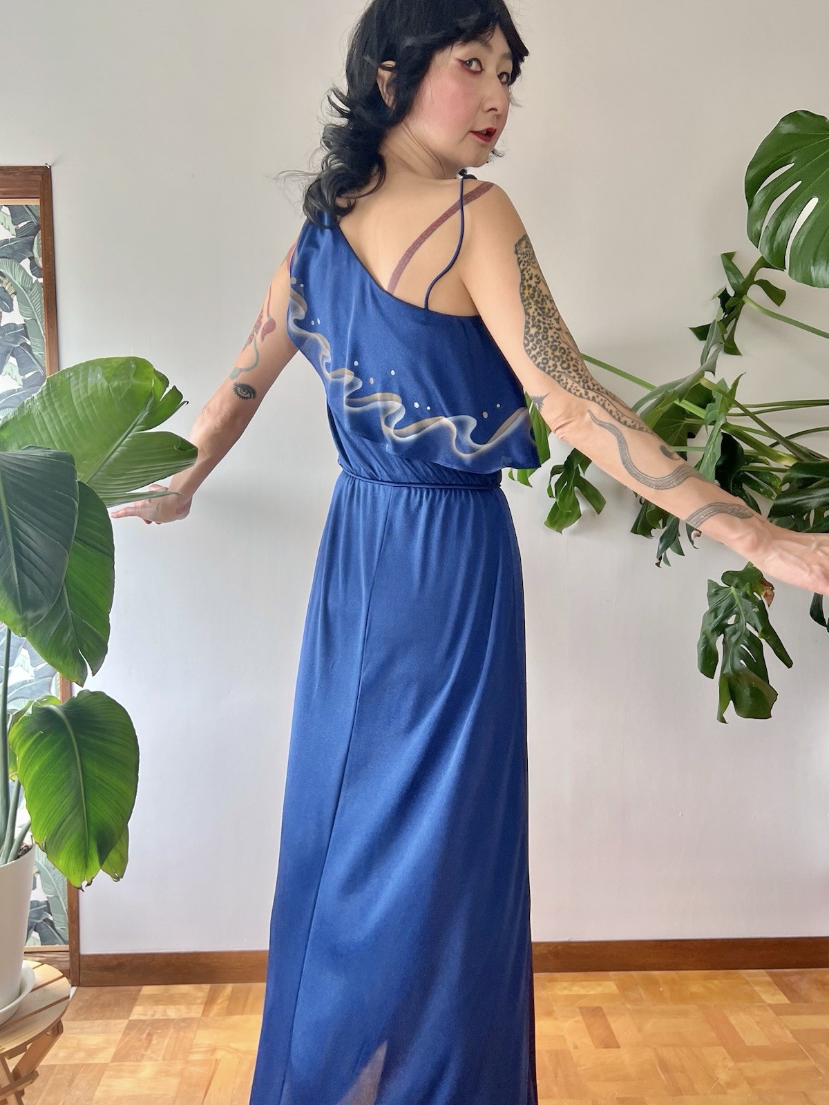VTG 70s Disco Maxi Dress Airbrush Paint One Shoulder Gown S/M Studio 54 Dress