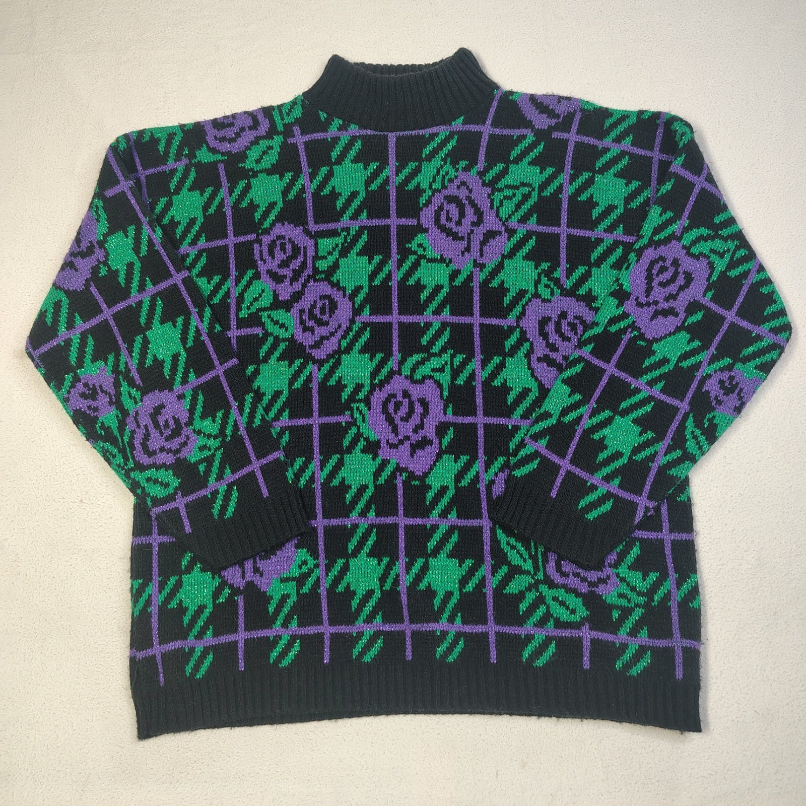 Vintage Adele Women Sweater L Multi Acrylic Metallic Rose Houndstooth 80s Mock