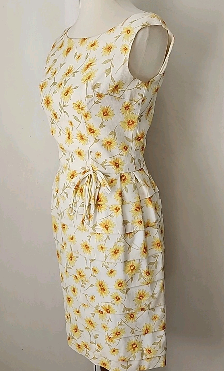 Vintage 50s 60s Tiered Floral Yellow Cocktail Dress Spring Summer Sundress