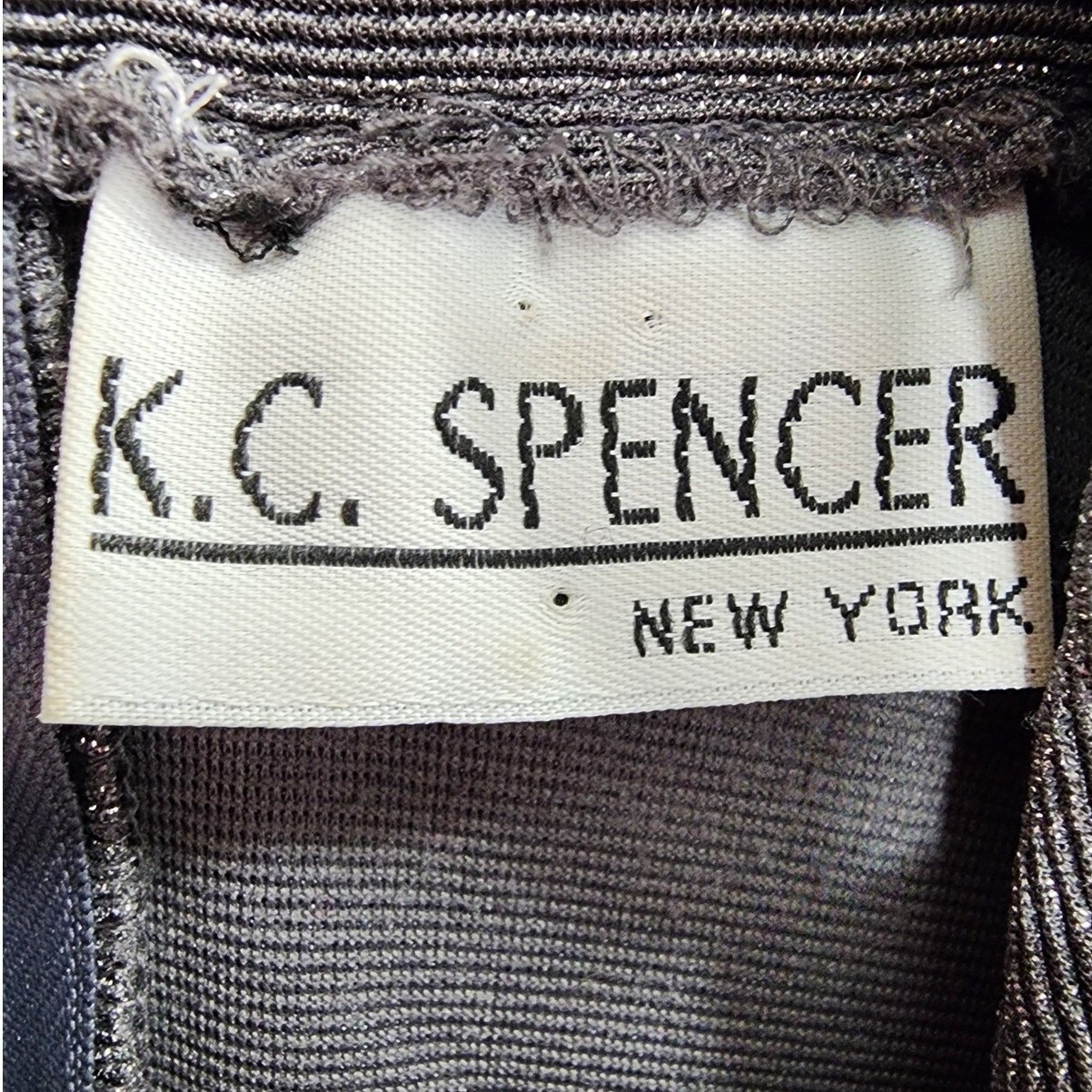 Vintage K.C. Spencer Dress Womens M Silver Metallic Mock Neck Short Sleeve Zip