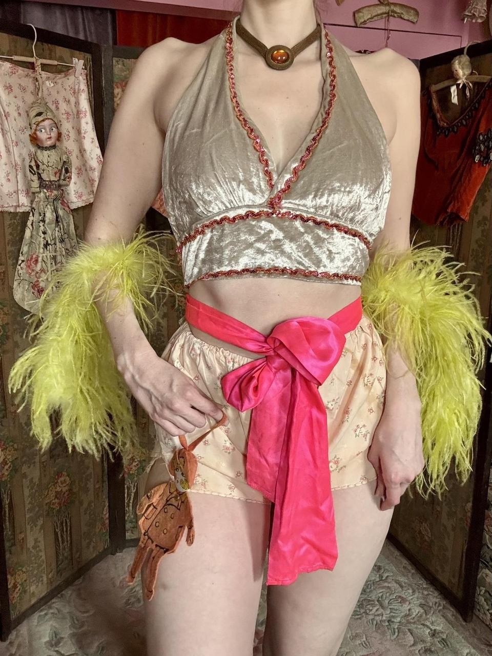 1970s Grey Velvet Halter Costume Top with Beaded Trim, Size M-L
