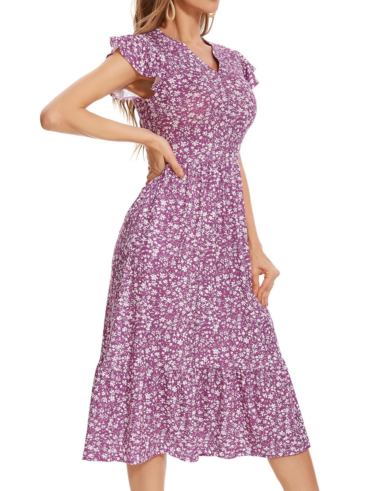 YIOYOLA Midi Dresses for Women 2026 Casual with Pockets Ruffle Sleeve Notched…