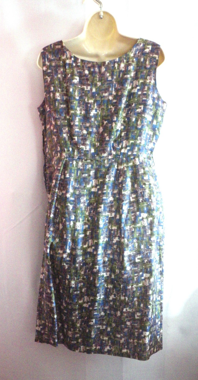 Vintage 50s Sleeveless Rayon Dress & Crop Jacket Abstract Blue Green Gray S/M