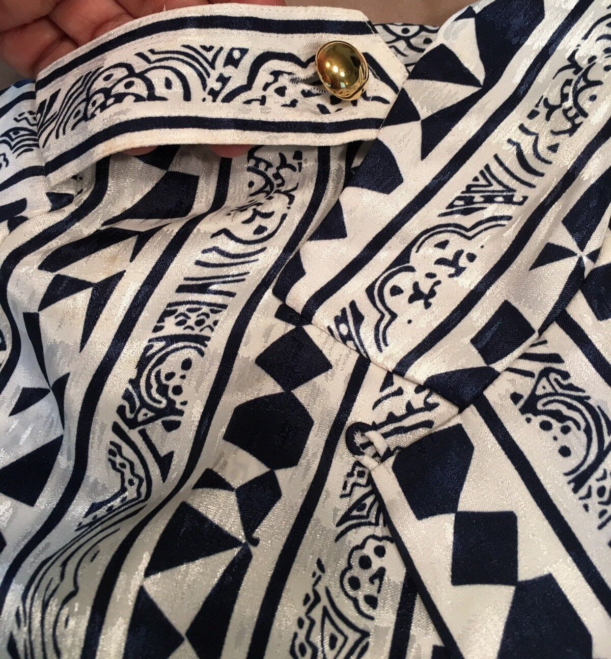 Vintage Womens BLEYLE Buttoned S/S Blouse – Dk Blue/White Geometric – Size 12