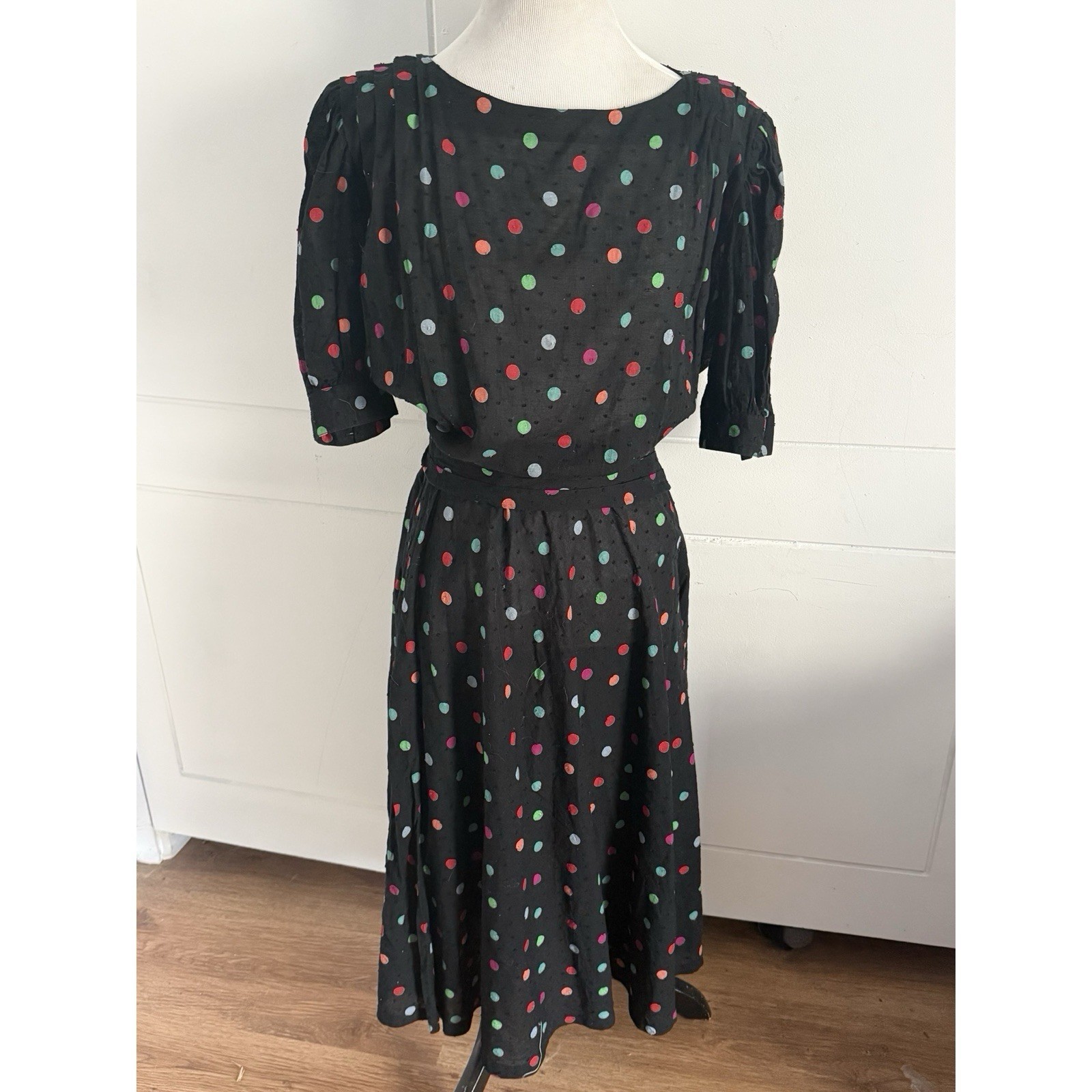 Vintage Black Dress Polka Dots Cotton Francesca Of Damon For Starington W Sz L