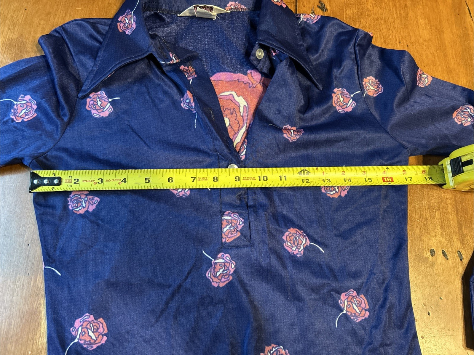 Vtg 70s Langtry Ltd blouse Bodysuit Navy Rose 1/3 Button Rocker tattoo art boho