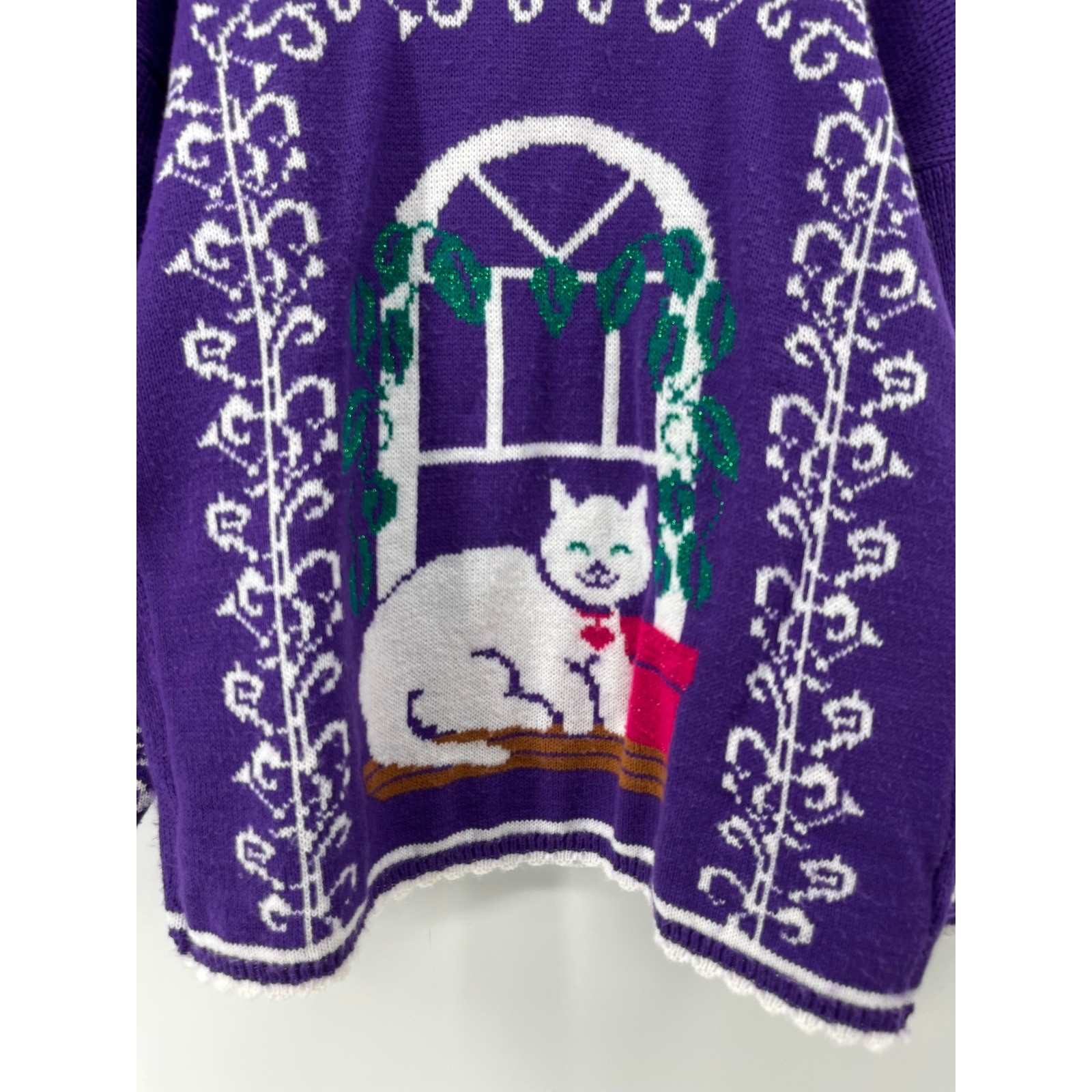 Vintage Spunky Purple Cat Window Intarsia Knit Sweater Mock Neck Scalloped Trim