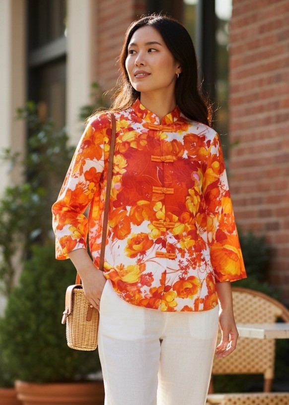 Vintage 60s Paradise Hawaii Tea Timer Mandarin Collar Blouse Frog Closure Flower