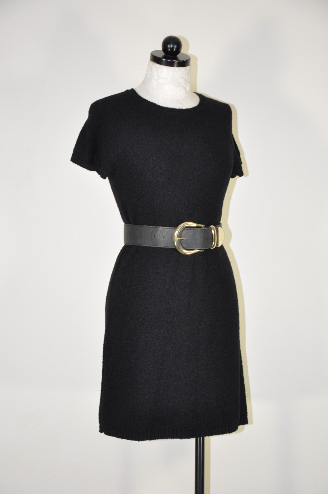 90s Vintage DKNY Black Wool Mohair Short Sleeve Knit Sweater Mini Dress Women S