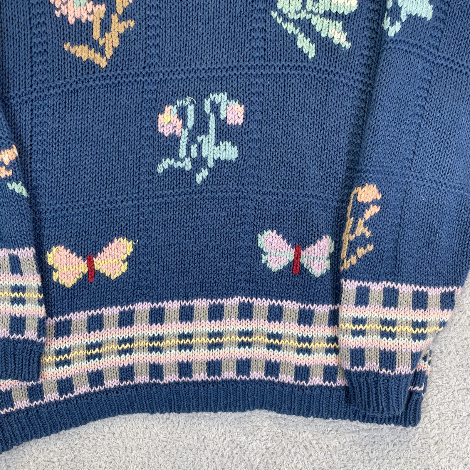 Vintage 90s Mixed Blues Floral Butterfly Sweater Cottagecore Grandmacore Large