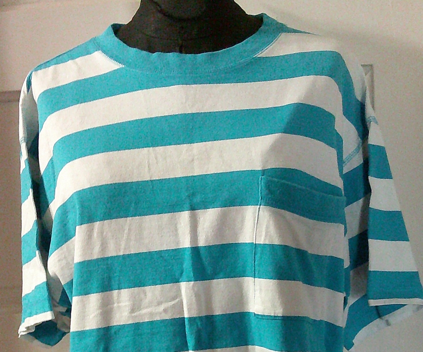 80’s PACER SS Turquoise Stripe Pocket T-Shirt Top Blouse M