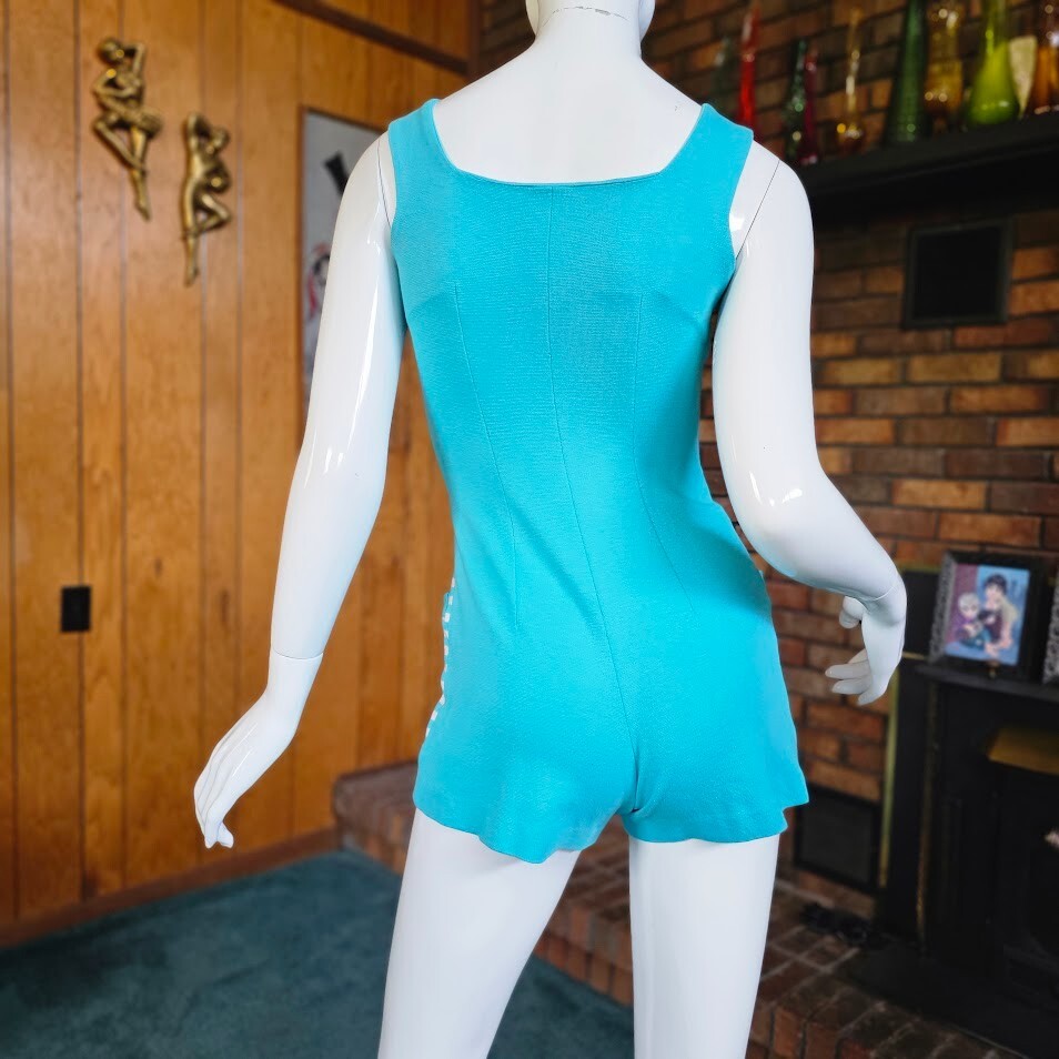Vtg 60s Mod Aqua Striped Novelty Hot Pants Playsuit Jumpsuit Go Go Romper XS/S