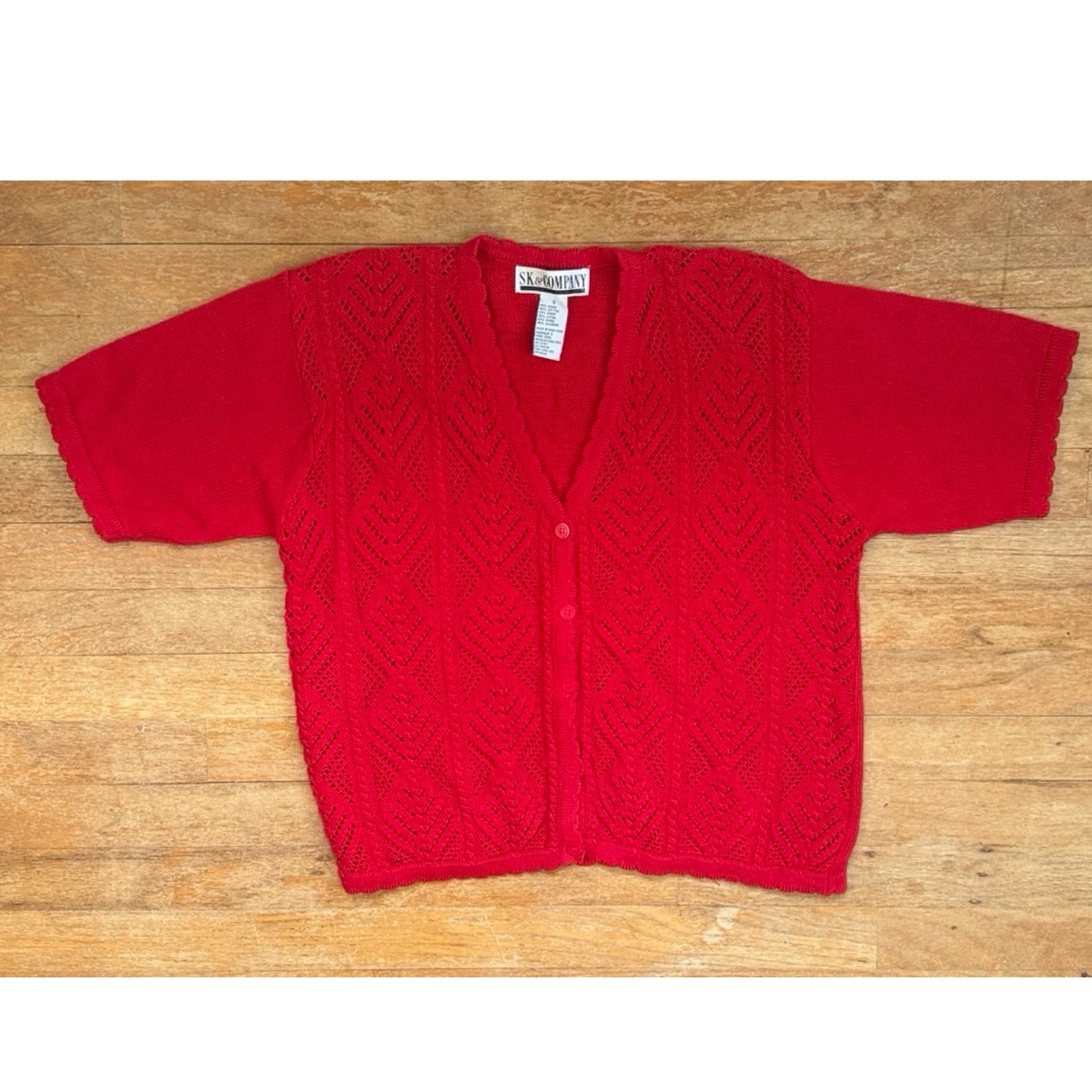 Vintage Crochet Knit Short Sleeve Cardigan Sweater Small/Medium 90s Red Eyelet