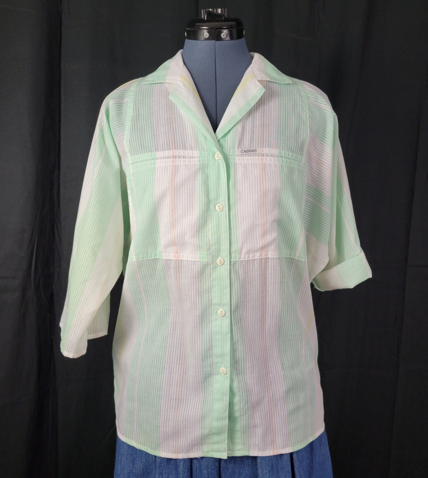 Vintage Cabrais Oversized Mint & White Striped Button Down Shirt Size Large