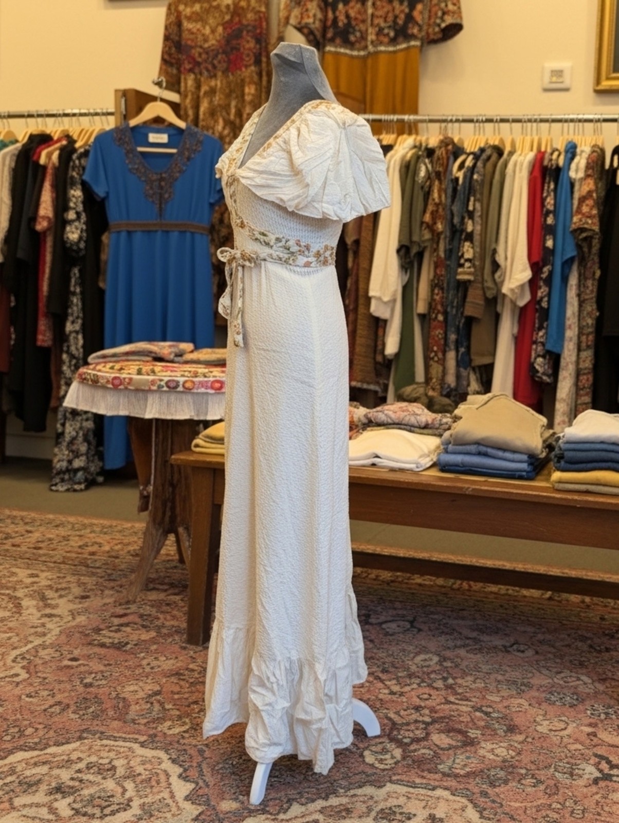 Terri Juniors California Vintage 70s Ivory Floral Maxi Prairie Boho Dress Size 9