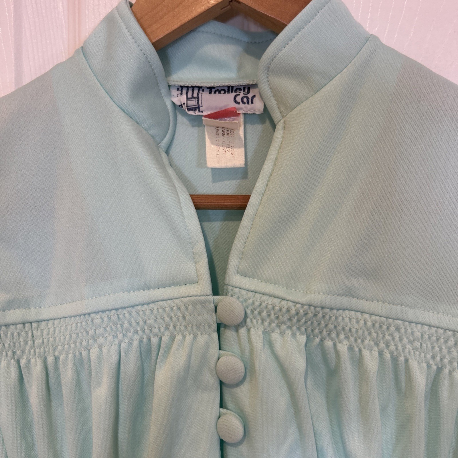 Vtg Trolley Car Maxi Dress Womens Size 7 Mint Green 70s Flutter Sleeve Smocked