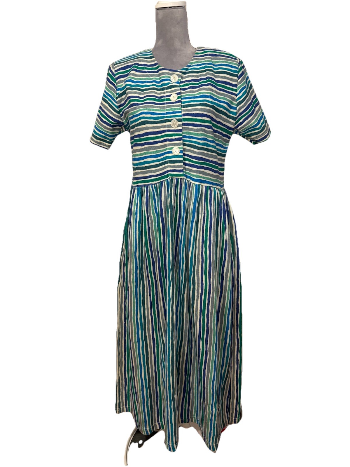FADS Vintage 80s 90s Blue Striped Cotton Boxy Dress Sz M Cottagecore Modest