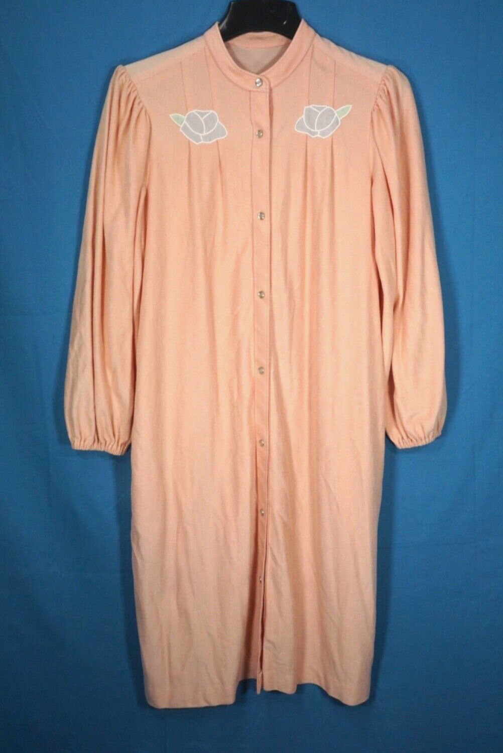 VTG Shadowline PEACH VELOUR FLEECE ROBE Housecoat Snap-Up w/Pockets APPLIQUES M