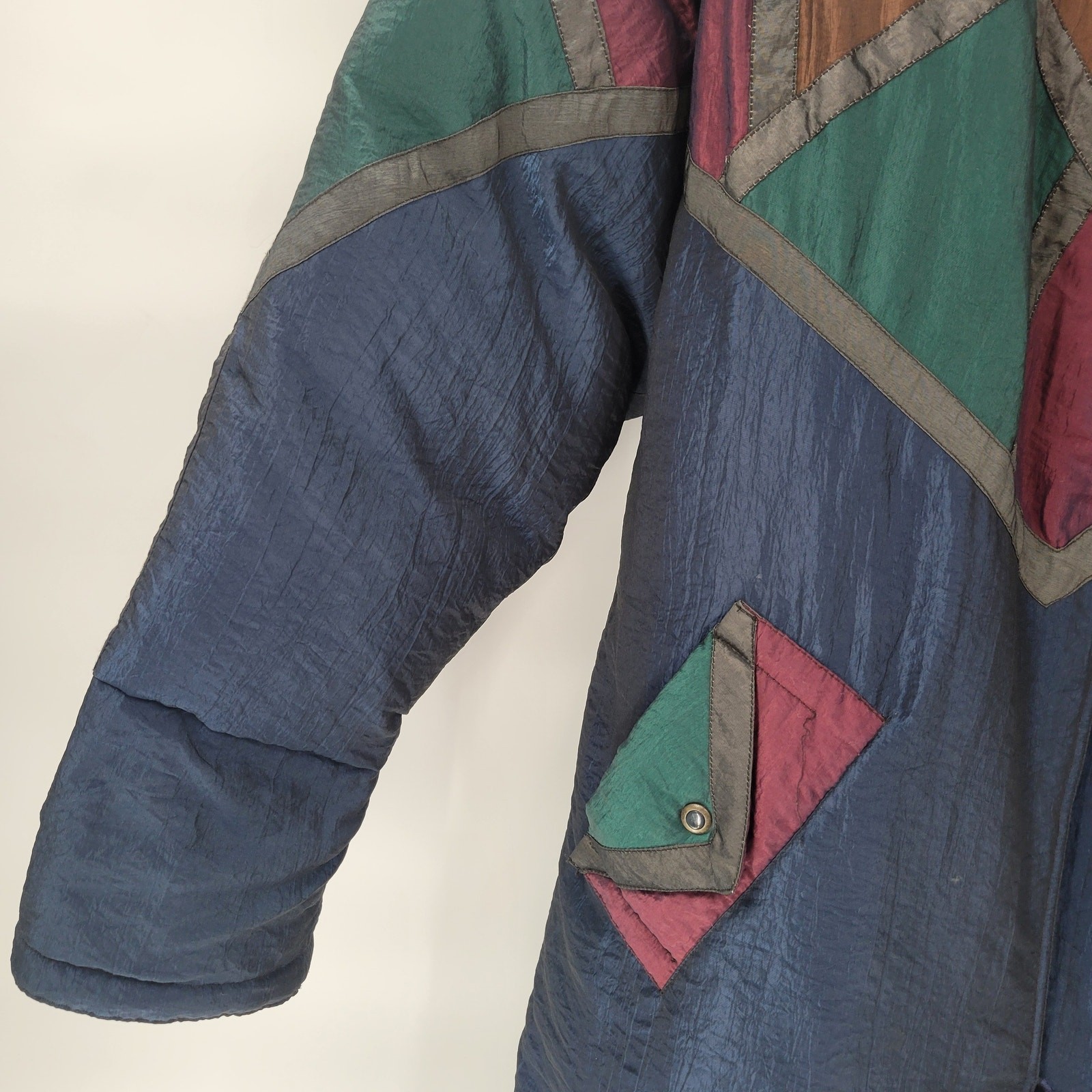 Vintage Down Fill Long Puffer Coat S Blue Red Geometric Colorblock High Collar