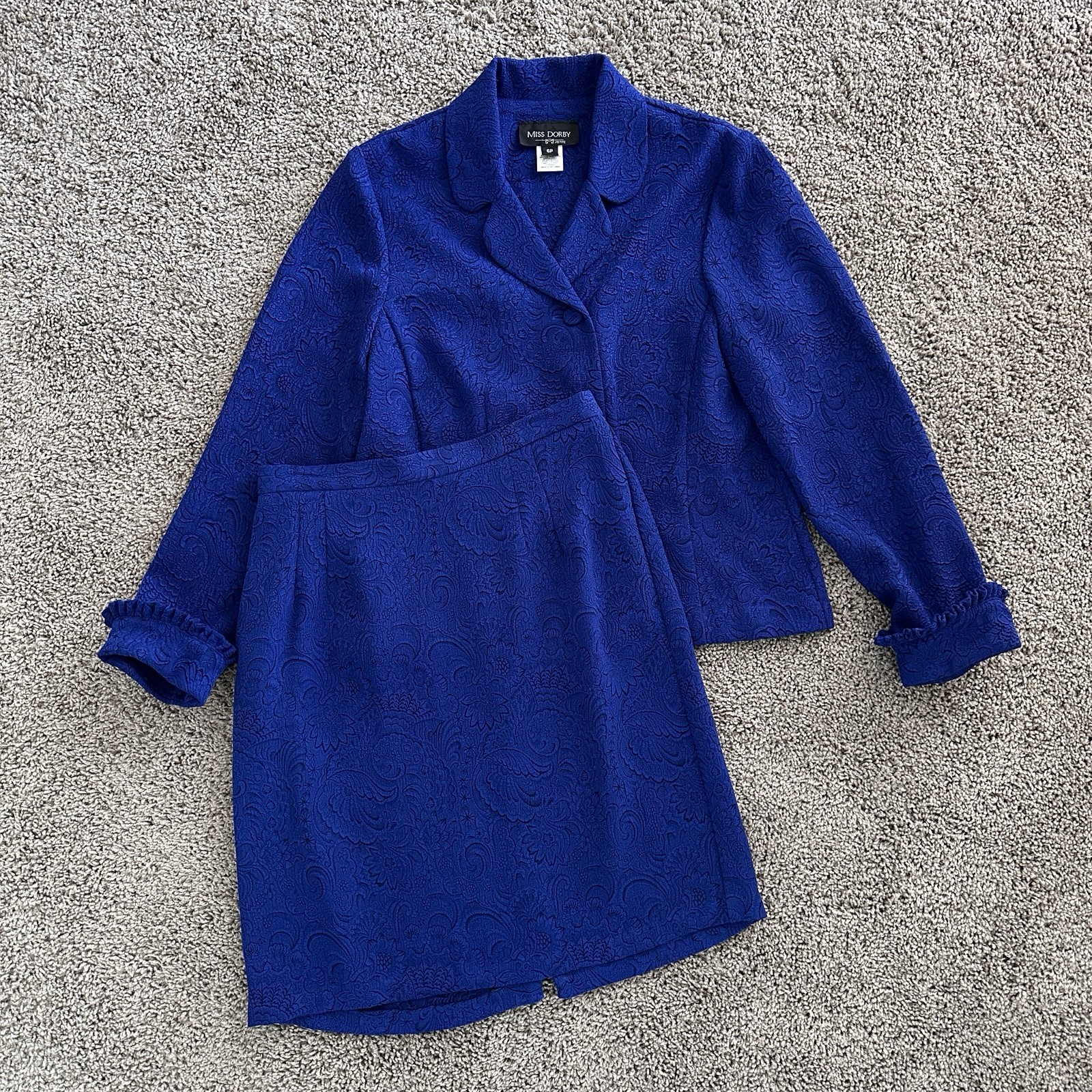 VTG Miss Dorby 2Pc Skirt Suit Set 6P Royal Blue Floral Jacquard Ruffle Coquett