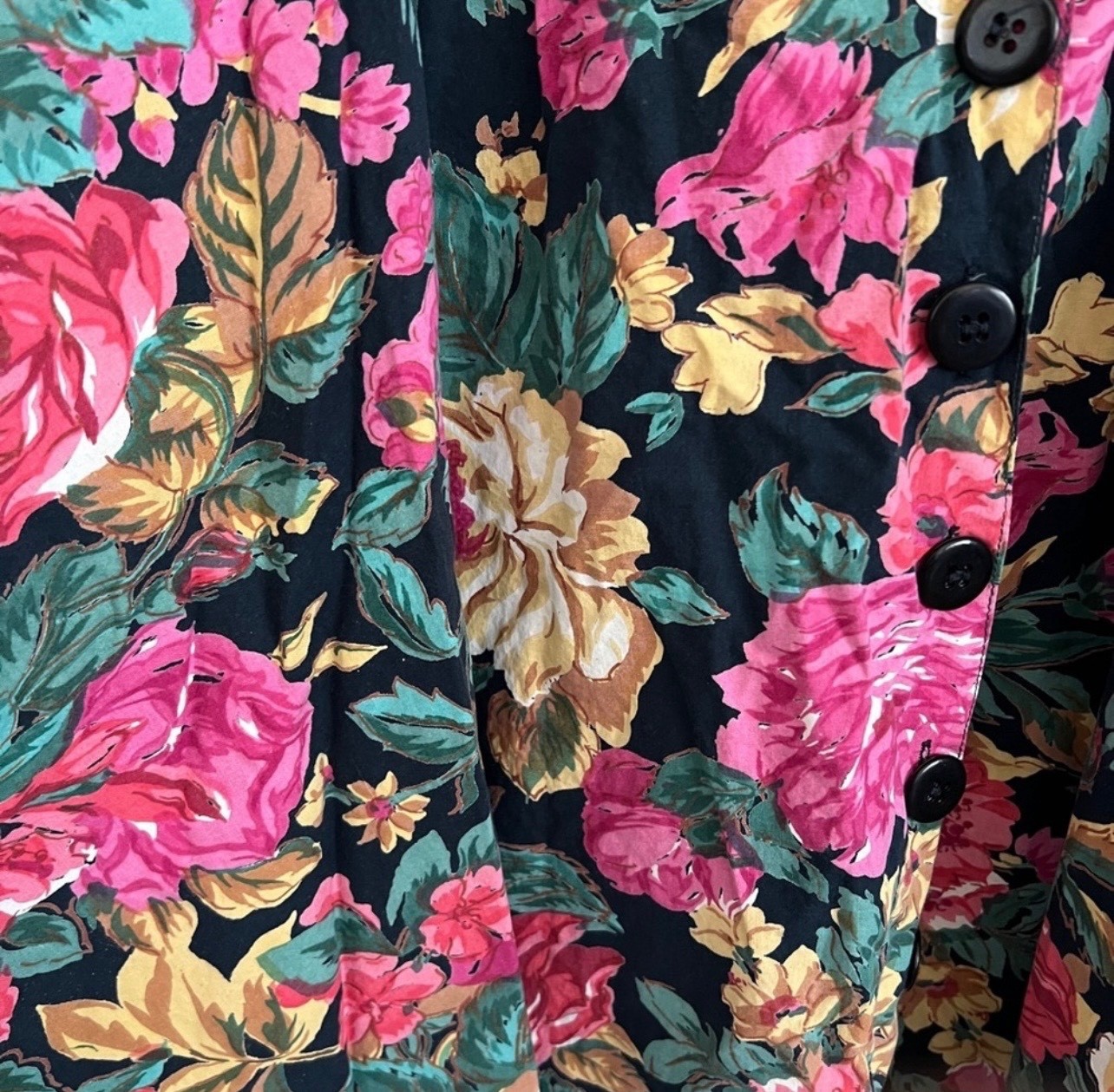 Vintage 90s Floral Button Front Dress Starina Medium Black Fit Flare Cottagecore