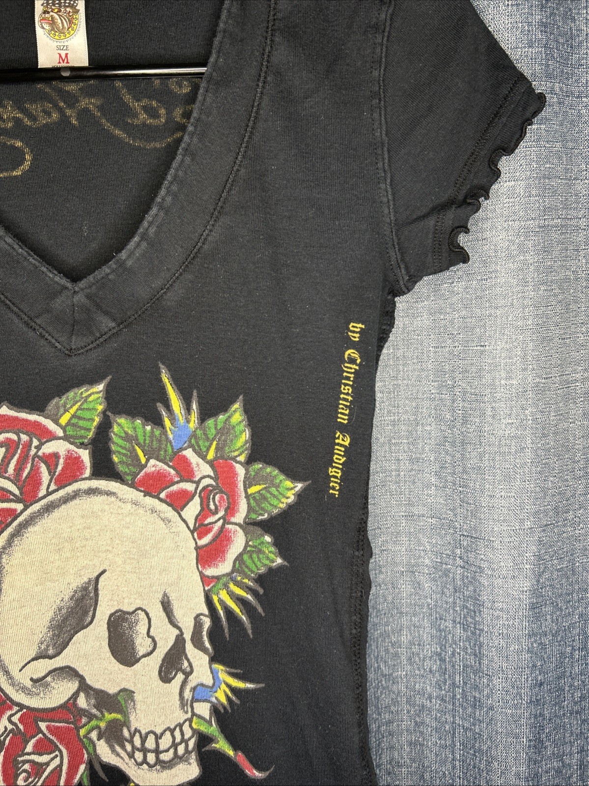Vintage Ed Hardy By Christian Audigier Women’s Black Skull Roses Long T Shirt