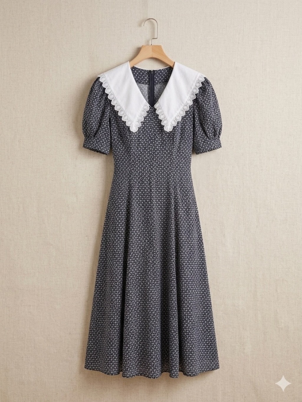 Vintage 90s Handmade Floral Cottagecore Midi Dress – White Lace Peter Pan Collar