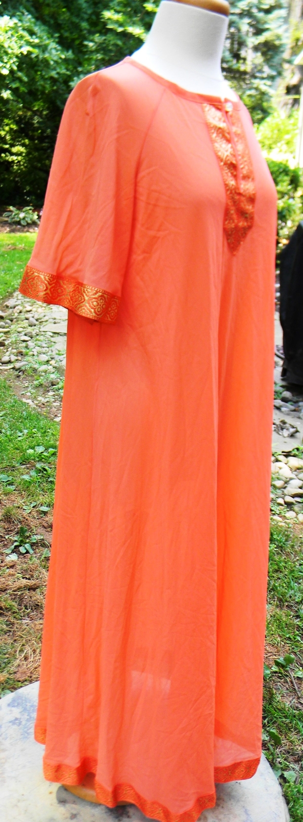 Vintage Enka Crepeset Mistee Nightgown Loungewear Orange Gold Trim Caftan Robe M