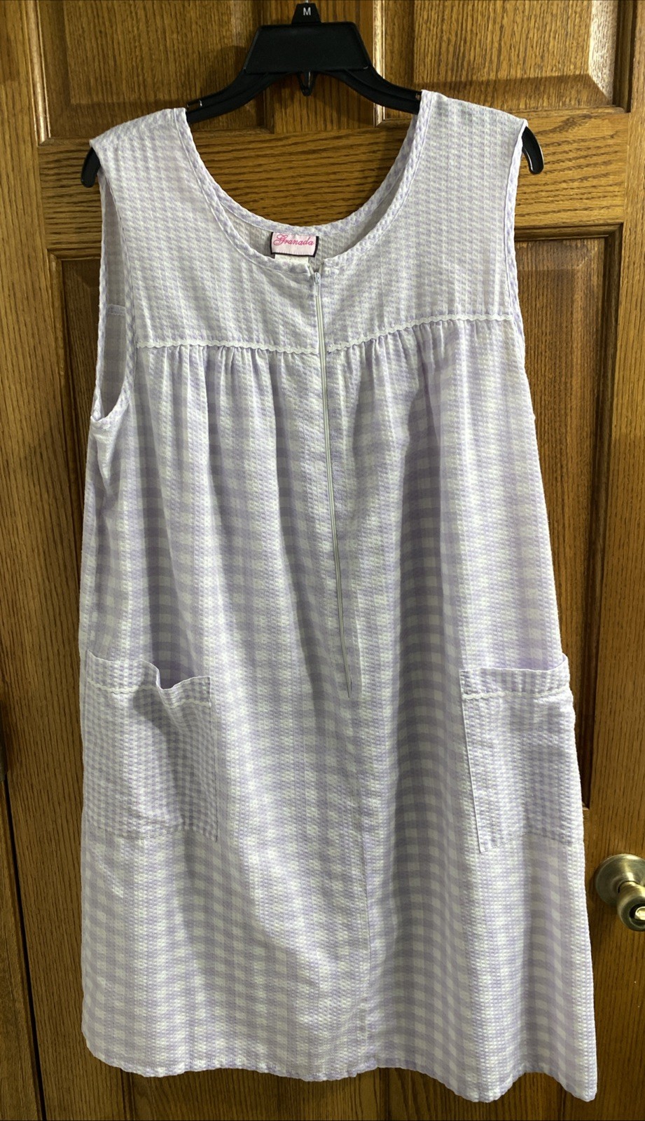 2 Vtg 80s Granada USA Checked Gingham Ric-Rack Trimmed Housedress Pockets Zip
